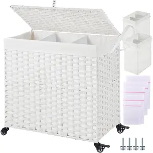 Laundry Hamper with Wheels&Lid,130L Large 3 Sections Clothes Hamper with 2 Types Removable Liner Bags, 5 Mesh Laundry Bags, Handwoven Divided Laundry Basket White