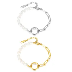 OIDEA Imitation Pearl Paperclip Chain Bracelet for Women, Stainless Steel Adjustable Dainty Minimalist Layering Jewelry Gift