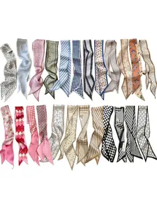 Women's 24-Count Fade-Proof Silk-Like Multifunctional Fashion Accessories Set - 38.6x2.7" Neck Wraps, Headbands for Women, Bag Accents in Assorted Prints for Adult Casual Daily Use,summervibes