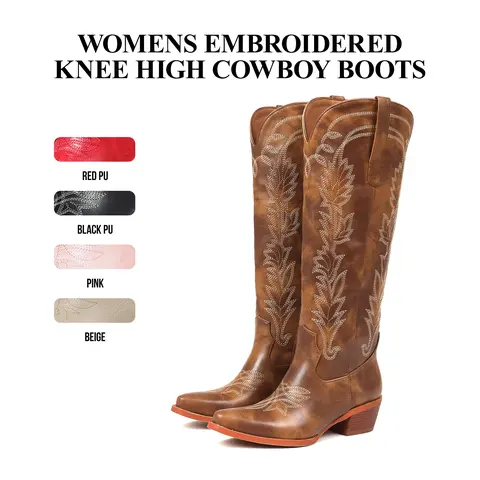 CYNLLIO Womens Knee High Cowboy Boots Snip Toe Chunky Block Heels Pull On Comfy Embroided Half Side Zipper Fashionable Holiday Outing Dating Walking Party Casual Riding Club Disco Dress Summer Wide Calf Western Desert Clay Boots