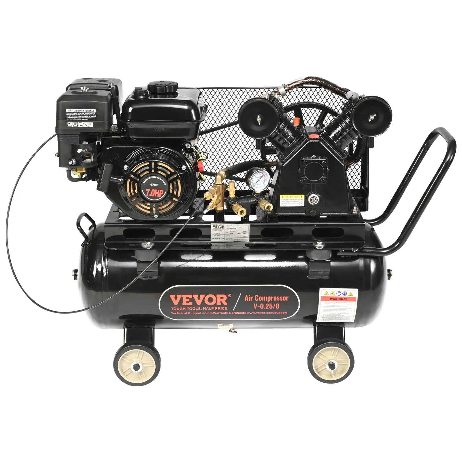 VEVOR Cast Iron Air Compressor, 7HP Gas-Powered, 13.2 Gal Horizontal Tank, 131.8 lbs, Durable Material, Ideal for Outdoor Projects, 13.2 Gallon
