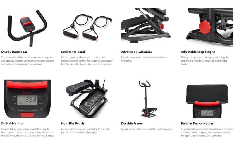 Sunny Health & Fitness Smart Pink Mini Stepper with Resistance Bands & Handlebars, Home Gym Workout Fitness, Compact Home Cardio Machine, Performance Monitor, Stair-Climb Leg/Thigh/Glute Toner, 330 lbs Capacity