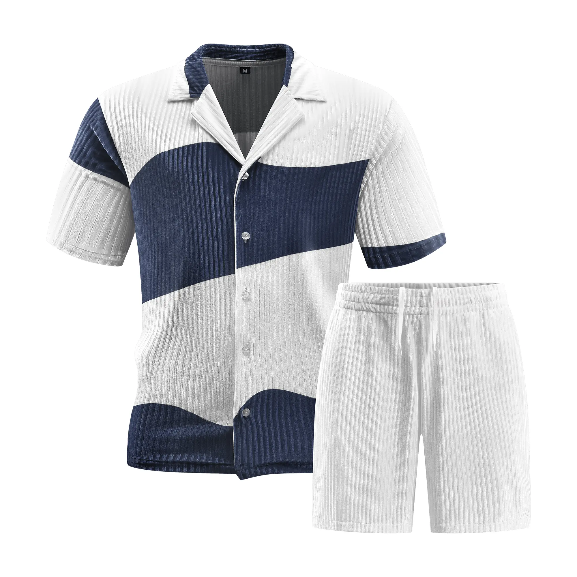 Men’s Summer Two-Piece Set with Vertical Texture and Color-Block Design: Cuban Collar Short-Sleeve Shirt + Casual Shorts