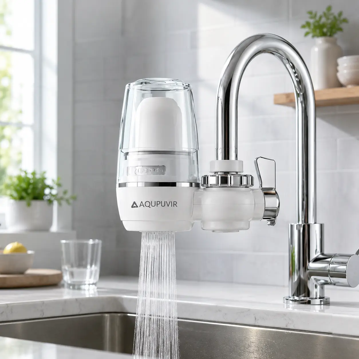 AQUPUVIR Ceramic Sink Faucet Mount Water Filter - 320-Gallon Long-Life Ultrafiltration Water Filtration & Softeners, Removable Washable Ceramic System, Reduces Chlorine Sediment Impurities, Seamless Installation, Kitchen Sink Compatible with Replacements,