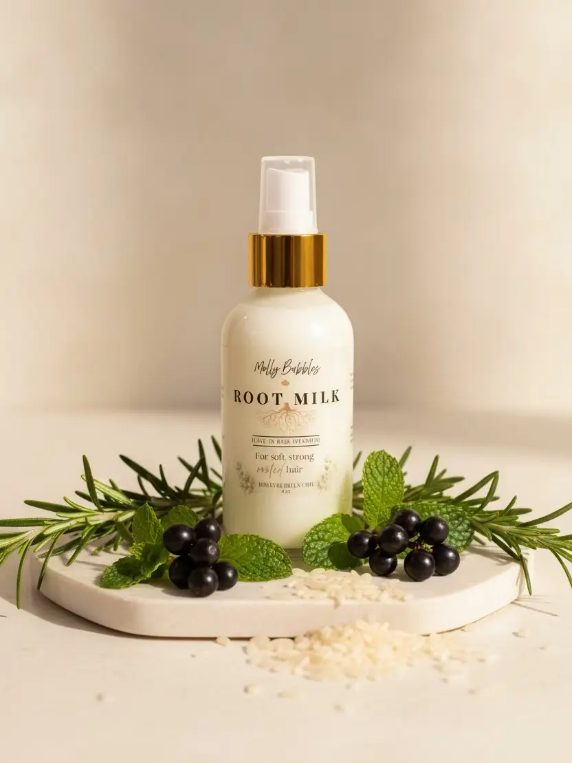 Molly Bubbles Root Milk Leave-in Hair Treatment 4 oz - Herbal Rosemary Mint Formula for Soft Strong Rooted Hair Care Lightweight Moisture Silky Haircare Organic Castor Oil Jojoba Peppermint Pumpkin