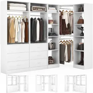Corner Closet System with 6 Drawers, Freestanding Closet Organizer System with 14 Shelves & 4 Hanging Rods, 87.2"L * 39.2"W / 63.2"L * 63.2"W Reversible L Shaped Walk-in Closet organization , Load 2500+LBS, White Modern