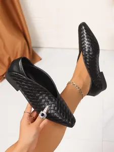 2026 New Women's Silver Color Braided Pointed Toe Low Heel Loafers, Slip-On Commuter Shoes, Elegant PU Leather, Spring & Fall