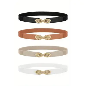 4 Pack Women Skinny Elastic Waist Belt Gold Buckle Stretchy Thin Belt for Jeans Dress Easy Wear Fashionable Accessory