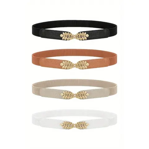 4 Pack Women Skinny Elastic Waist Belt Gold Buckle Stretchy Thin Belt for Jeans Dress Easy Wear Fashionable Accessory