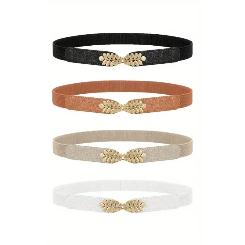 4 Pack Women Skinny Elastic Waist Belt Gold Buckle Stretchy Thin Belt for Jeans Dress Easy Wear Fashionable Accessory