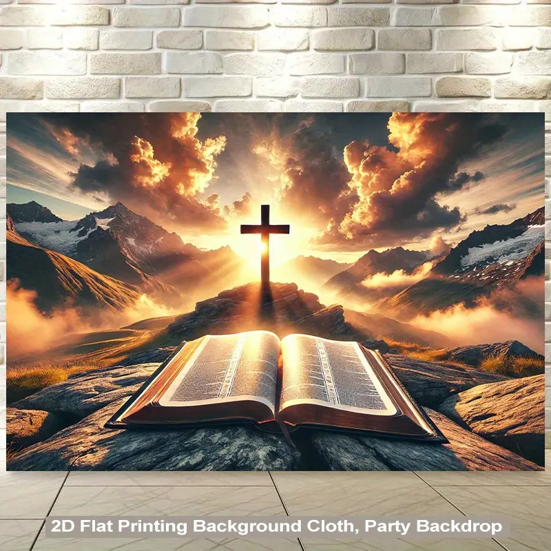 2D Flat Banner, 1pc Inspirational Christian Cross Illuminated by Divine Light Backdrop - Vibrant Polyester Fabric Wall Hanging Party Backdrop Decoration with Mountain & Clouds Design for Church Events, Home Decor, Parties - Self-Lit Print