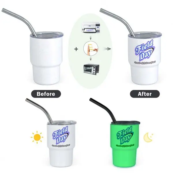 3oz Blanks Stainless Steel Insulated Mini Tumbler Shot Glass with Straw and Lid Sublimation Glow in the Dark White to Green