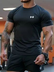 Premium Men's Fitness T-Shirt | Versatile Wear | Dumbbell Print Sports Short Sleeve | Breathable & Stretchy Fabric | Slim Fit Ideal for bodybuilding, training, running and daily casual wear.