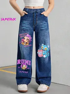 "KPOP – The Huntress Girl Group" Girls' Cartoon Print Graphic Jeans, Fitted Casual Denim Jeans for Ages 7-12, Trendy Kids Fashion, Pop Girls Clothing, Youth Apparel