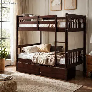 ARCH Twin Over Twin Rubber Wood Bunk Bed with 2 Drawers, Convertible into 2 Twin Beds, Twin Size Bunk Bed with Ladder and Safety Guardrails,Espresso (Old Sku W504S00200)