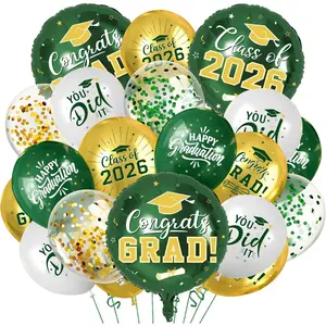 51Pcs 2026 Green and Gold Graduation Balloons Decorations, Latex Foil Balloons with Confetti Ribbons for College High School Grad Party