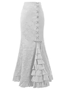 Women's Jacquard Ruffle Trim Lace Up Mermaid Skirt, Elegant Fashion High Waist Fit Zipper Design Skirt for Party Holiday Vacation, Ladies Bottoms for All Seasons