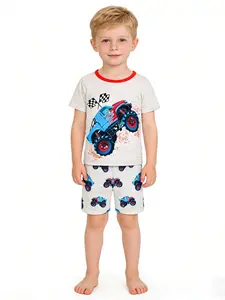 Boys Round Neck Short Pajama Set, Off-Road Car Print, Comfortable Breathable Homewear, 2-Piece Casual Fitted Sleepwear