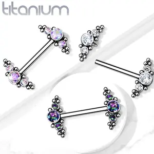 Titanium Nipple Rings, Internally Threaded Sparkle Czs Beaded End Nipple Piercing Barbell Body Jewelry