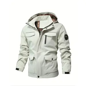Men's Letter Patched Pocket Zipper Hooded Jacket, Casual Long Sleeve Button Drawstring Hooded Outerwear for Spring & Fall, Men Clothes for Daily Wear