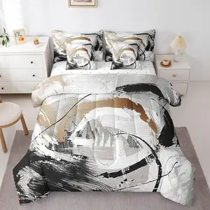 Feelyou King Size 7-Piece Taupe Brown Comfy Bedding Sheet & Comforter Set - All Seasons, Breathable, Gradient Ombre, Black White Grey Abstract Watercolour Brush Oil Painting Design, Machine Washable, Comfy Bedding Set