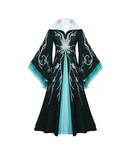 Dark Green Long Dress with Magical Print, Witch Style, Halloween Cosplay Dress