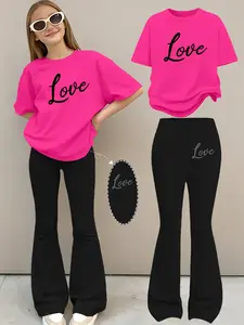 Round-neck short-sleeve top and pants, Outfit, perfect for fall, comfortable weather, casual wear, round neck, pullover style, Slightly stretchy fabric 12 2-piece set: coffee-brown loose-fit Butterfly patterned T-shirt and flared pants