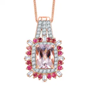 Pink Morganite and Multi Gemstone 1.90 ctw Pendant Necklace in 18K Vermeil Rose Gold Plated Sterling Silver 20 Inches  Birthday Christmas Gifts