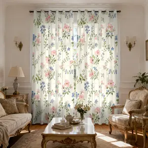 2 Panel Farmhouse Floral Print Light Filtering Curtains, 104 Inch Long, Semi-Transparent for Living Room, Bedroom, Dining Room