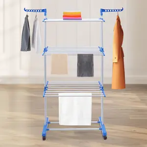 Clothes Drying Rack Folding Clothes Rail 4-Tier Clothes Horses Rack Stainless Steel Laundry Garment Dryer Stand with Two Side Wings Blue