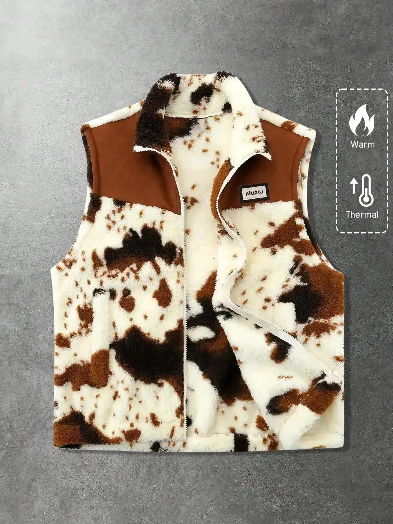 Unisex Fall Winter Lamb Velvet Cow Print Patchwork Vest Sleeveless Gilet Warm Casual Daily 2026