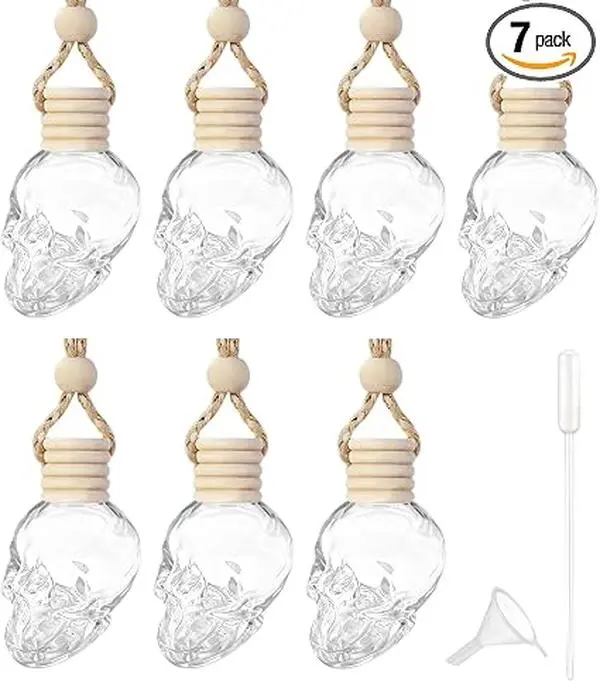 7PCS Car Hanging Diffuser, Car Air Freshener Diffuser Bottle, 8ML Empty Clear Glass Skull Style Empty Bottle, Universal Car Perfume Aromatherapy Essential Oil Pendant Bottle for Women Men