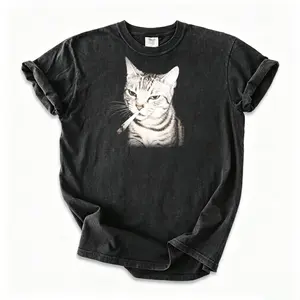 Women's Round Neck Ribbed Vintage Cat Meme Short Sleeve Tee - Retro Casual Cotton Oversized Fit T-Shirt, Unisex Funny Graphic Streetwear Top, Gift for Men/Women 011911