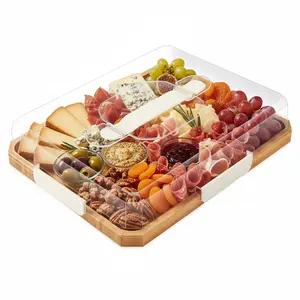 Charcuterie Board with Lid,Gifts for Her,Build-A-Board Bamboo Cutting Board with Clear Locking Lid and White Handles, Perfect for Charcuterie, Snacks, Travel Portable Snackle Box,Single Compartment,House Warming Gifts for Women,festive decoration