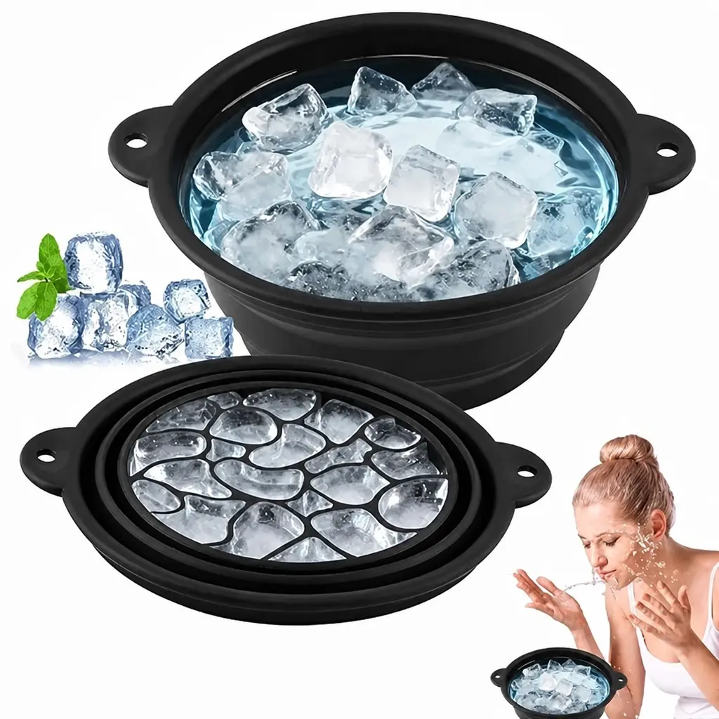 Sturdy Foldable Silicone Ice Facial Basin with Built-in Ice Tray, Portable Collapsible Cold Therapy Bowl for Females All Ages, Eliminates Edema Full-Face Cooling Therapy Tool for Daily Skincare Travel, Black