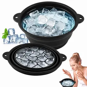 Foldable Ice Facial Basin with Ice Tray, Portable Facial Ice Bowl Collapsible Silicone Ice Bath Bowl, Built-in Ice Cube Tray Cold Therapy Bowl Suitable for Daily Skincare & Travel, Black