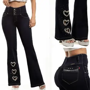 W71-4121 Colombian Dark Wash Flare Jeans with Rhinestone Heart Details & Sculpting Waistband