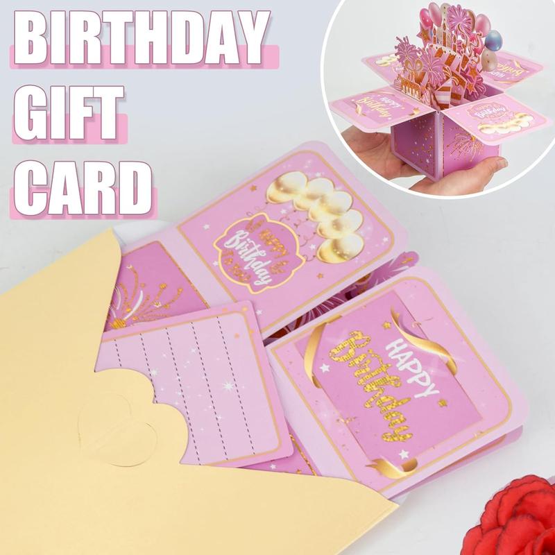 3D Birthday Card for Adults and Kids with Envelopes, Unique Design Handmade Foldable Greeting Cards for Daughter, Son, Mom, Dad, Friend（Pink）
