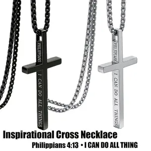 Philippians 4:13 Cross Pendant STRENGTH Bible Verse Stainless Steel Necklace