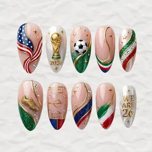 Handmade 3D Football Ball Nails, 2026 Green Gold Press On Nails