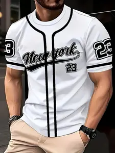 Men's New York letter stripe print crew neck short-sleeved jersey, a casual and stylish outdoor streetwear top for summer, making it a perfect gift choice, Sport Outdoor Clothing, Athletic Activewear
