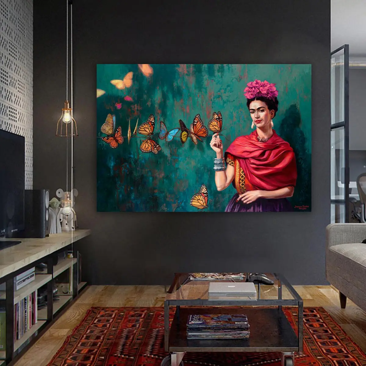 Frida And Butterflies Wall Decor, Woman Wall Decor, Frida Pink Flowers Painting, Butterfies Wall Decor UNFRAMED