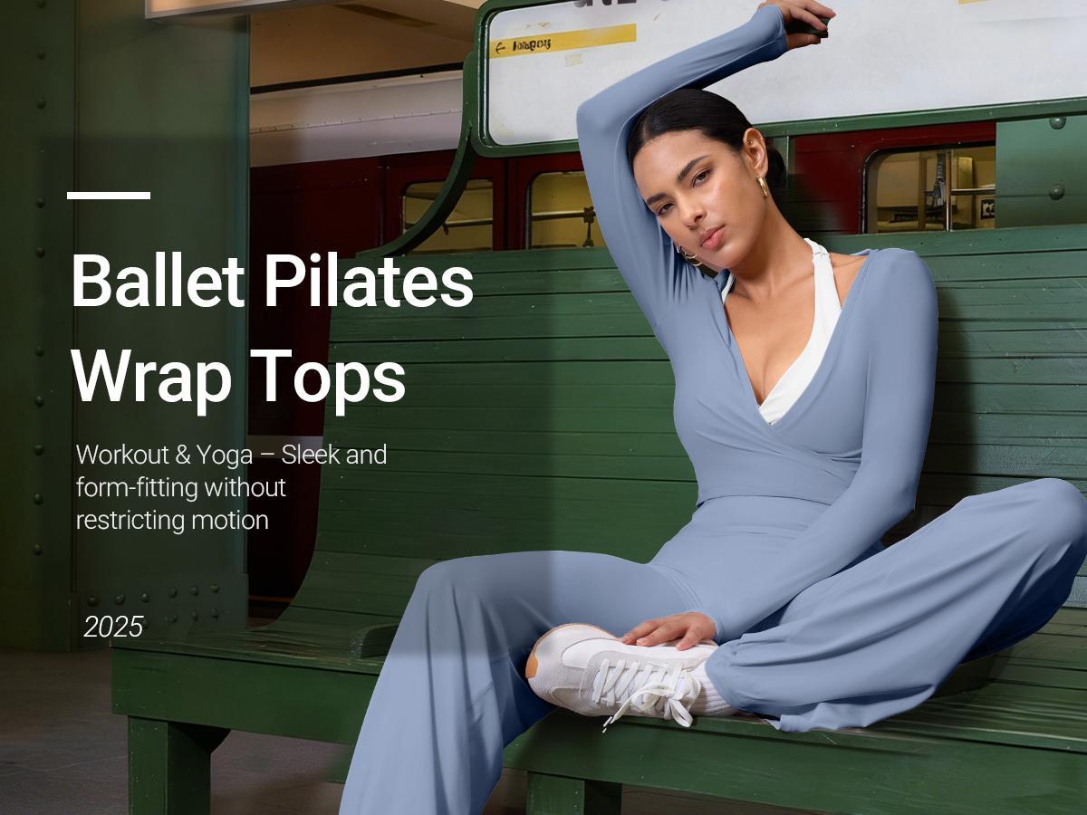 YEOREO Flattering V Neck Wrap Crop Top Long Sleeve Yoga Tie Shirt Breathable Pilates Ballet Workout Tops Athleisure Fashion