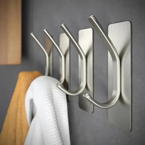 4pcs Stainless Steel Heavy Duty Self Adhesive Home Storage Hooks - Removable Clean Reapply Adhesive, Aesthetic Appeal Wall Hooks for Robes, Coats in Bathroom, Bedroom