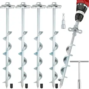 4-Pack 12" Spiral Ground Anchors – Heavy Duty Screw-in Tent Stakes with Drill Socket & T-Handle, Hook & Ring for Trampolines, Tents, Sheds, Canopies, Swing Sets