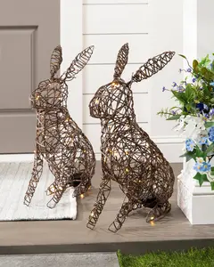 22.5" Tan Outdoor Lit Wire Rabbits, Set of 2, Width 16.5", LED Clear Lights by Balsam Hill