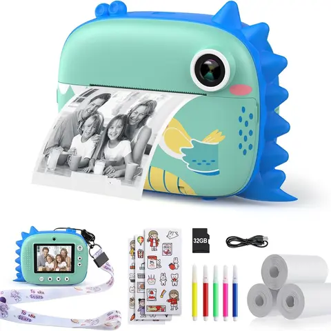 HiMont Kids  Instant Print, Digital  for Kids with No Ink Print Paper & 32G TF Card, Selfie Video  with Color Pens & Photo Clips for DIY, Gift for Boys and Girls instant print camera, polaroid camera.