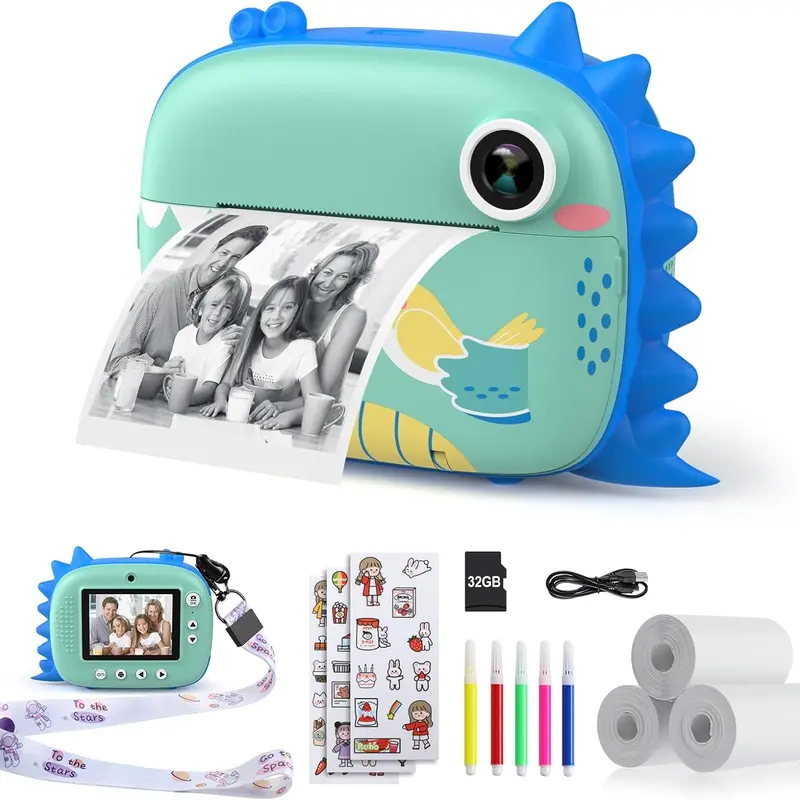 HiMont Kids  Instant Print, Digital  for Kids with No Ink Print Paper & 32G TF Card, Selfie Video  with Color Pens & Photo Clips for DIY, Gift for Boys and Girls instant print camera, polaroid camera.