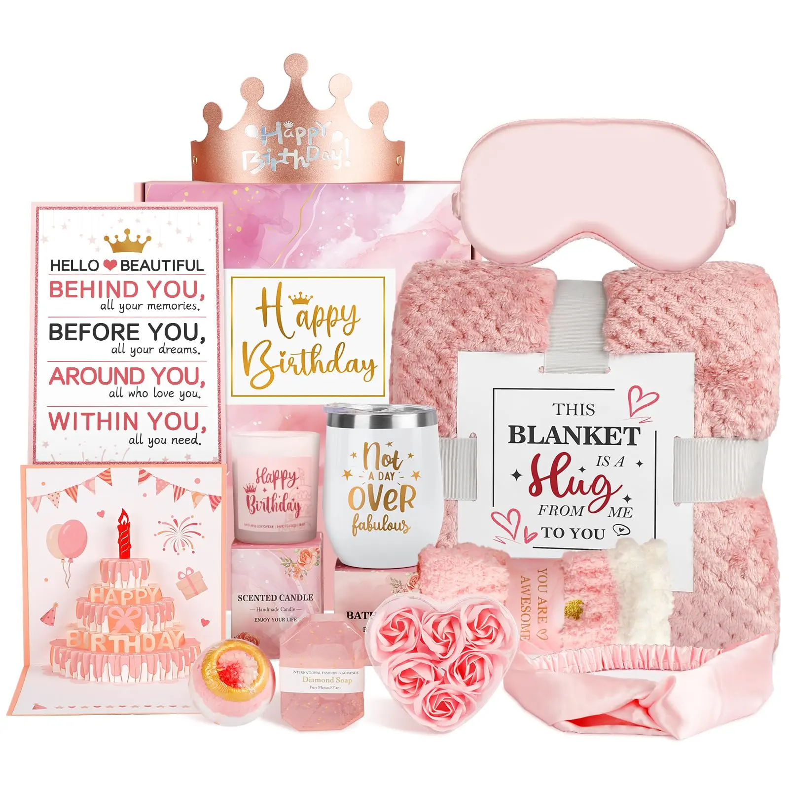 Birthday Gifts for Women, Get Well Soon Gifts for Women, Happy Birthday Box Relaxing Spa Kit with Tumbler Blanket for Mom Wife Friend Sister Coworker, Unique Care Package for Her Girl Gifts