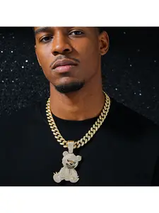 Full Diamond Dark Style Bear Cuban Necklace Polished gold-plated finish with full diamond craftsmanship, boasting sparkling details and an edgy vibe. Perfect for guys who love dark sweet and cool styles and pursue individuality to create an American stree